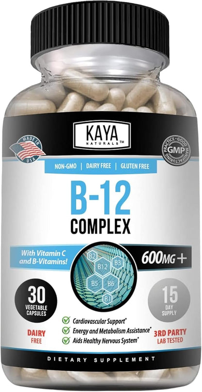 Kaya Naturals B-12 Complex – Multivitamin Supplement for Women and Men, Supports Normal Energy and Metabolism with Biotin, Choline, Inositol, Folate, and Vitamin C – 30 Capsules