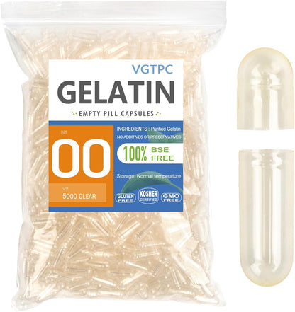 VGTPC Size 00 Empty Gelatin Capsules (Separated) - 5000 Count Clear Capsules for DIY Supplement Filling