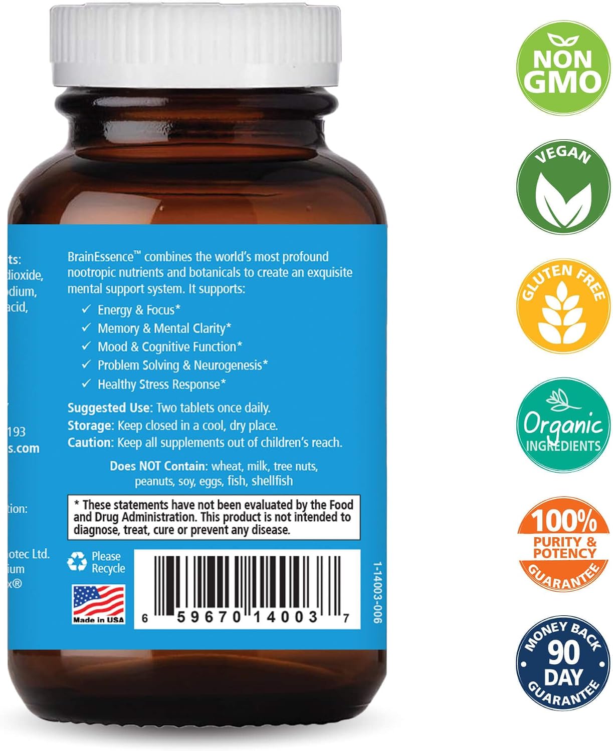 PURE ESSENCE LABS Brain Essence - Memory Supplement & Vitamin for Men, Women & Adults - Herbal Booster for Memory, Focus, Clarity & Stress Relief - Bacopa Monnieri, Ashwagandha & More (30 Tablets) - görsel 2