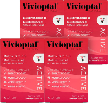 Vivioptal Active Multivitamin with Ginseng & Omega-3, 90 Softgels (1 Year's Supply), Gluten-free, German Formula