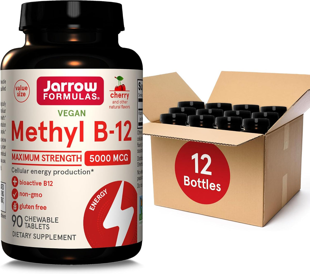 Jarrow Formulae Maximum Strength Methyl B12 5000 mcg – 90 Cherry Chewable Tablets – Bioactive Vitamin B12 - görsel 1