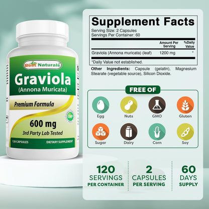 Best Naturals Graviola Capsules, Annona Muricata, 600 mg, 120 Capsules