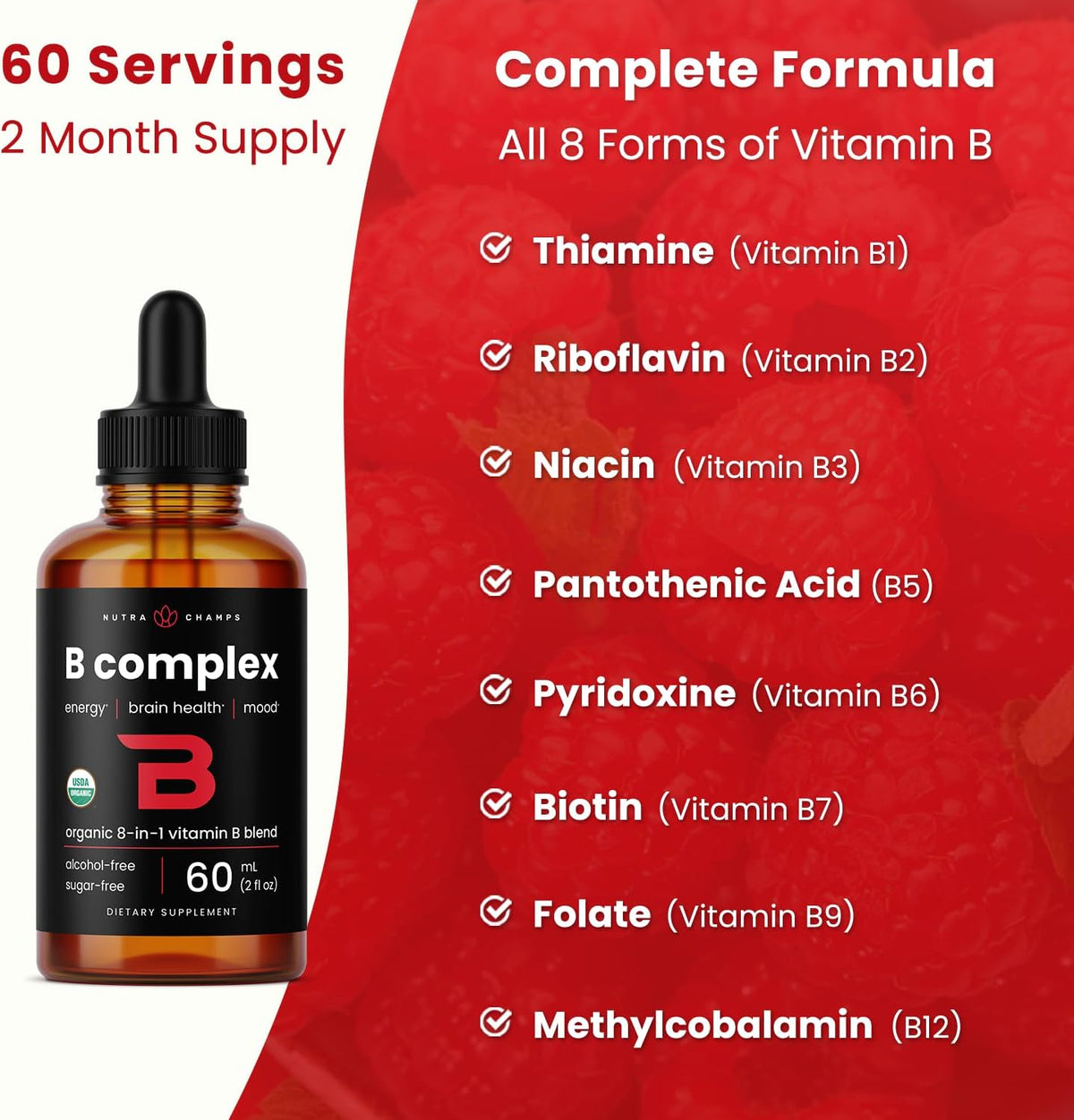 USDA Organic Vitamin B Complex Liquid Drops – Methylated B12, Biotin, Folate | 2 oz - görsel 7