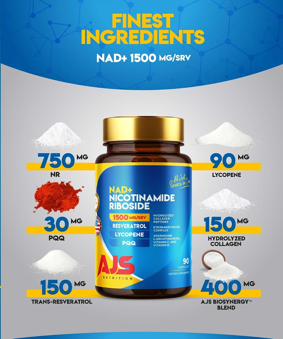 AJS NAD+ Cellular Energy – NR Supplement with PQQ, Resveratrol, Lycopene, L-Ergothioneine, and Collagen Peptides – 90 Capsules for Cellular Support - görsel 3