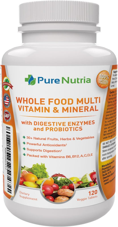 PureNutria Whole Food Multivitamin & Minerals with Probiotic Enzymes – 120 Tablets for Women and Men