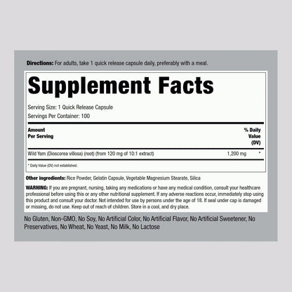 Piping Rock Wild Yam Root Capsules - 100 Count, Non-GMO and Gluten-free Extract Supplement
