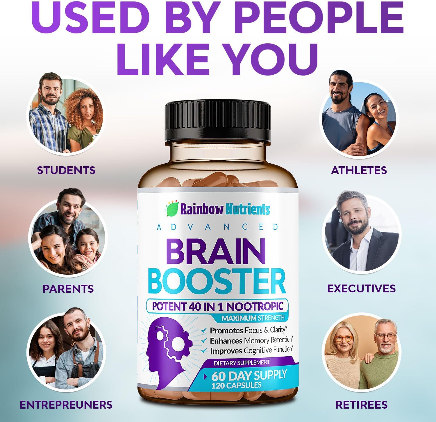 40-in-1 Brain Booster Supplements for Memory, Focus, Clarity, Energy, Performance | Natural Nootropic Brain Support Supplement with DMAE, Bacopa Monnieri & More | For Men & Women | 120 Veggie Capsules - görsel 7