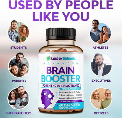 40-in-1 Brain Booster Supplements for Memory, Focus, Clarity, Energy, Performance | Natural Nootropic Brain Support Supplement with DMAE, Bacopa Monnieri & More | For Men & Women | 120 Veggie Capsules