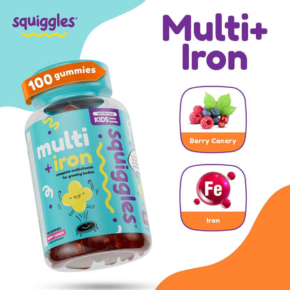 Squiggles Kids Multivitamin + Iron Gummies - Low Sugar, Berry Flavour (100 Count)