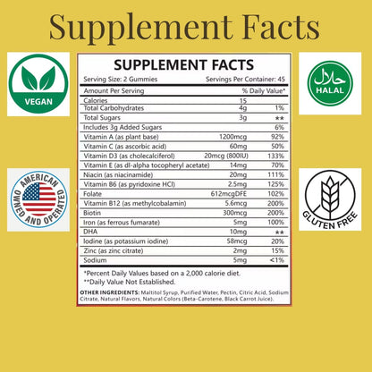 MonesAli Prenatal Gummies for Women - Vegan Halal Prenatal & Postnatal Multivitamin with Folate, DHA, Iron & Biotin - Supports Healthy Pregnancy, Postnatal Energy & Hair Health, 90 Count