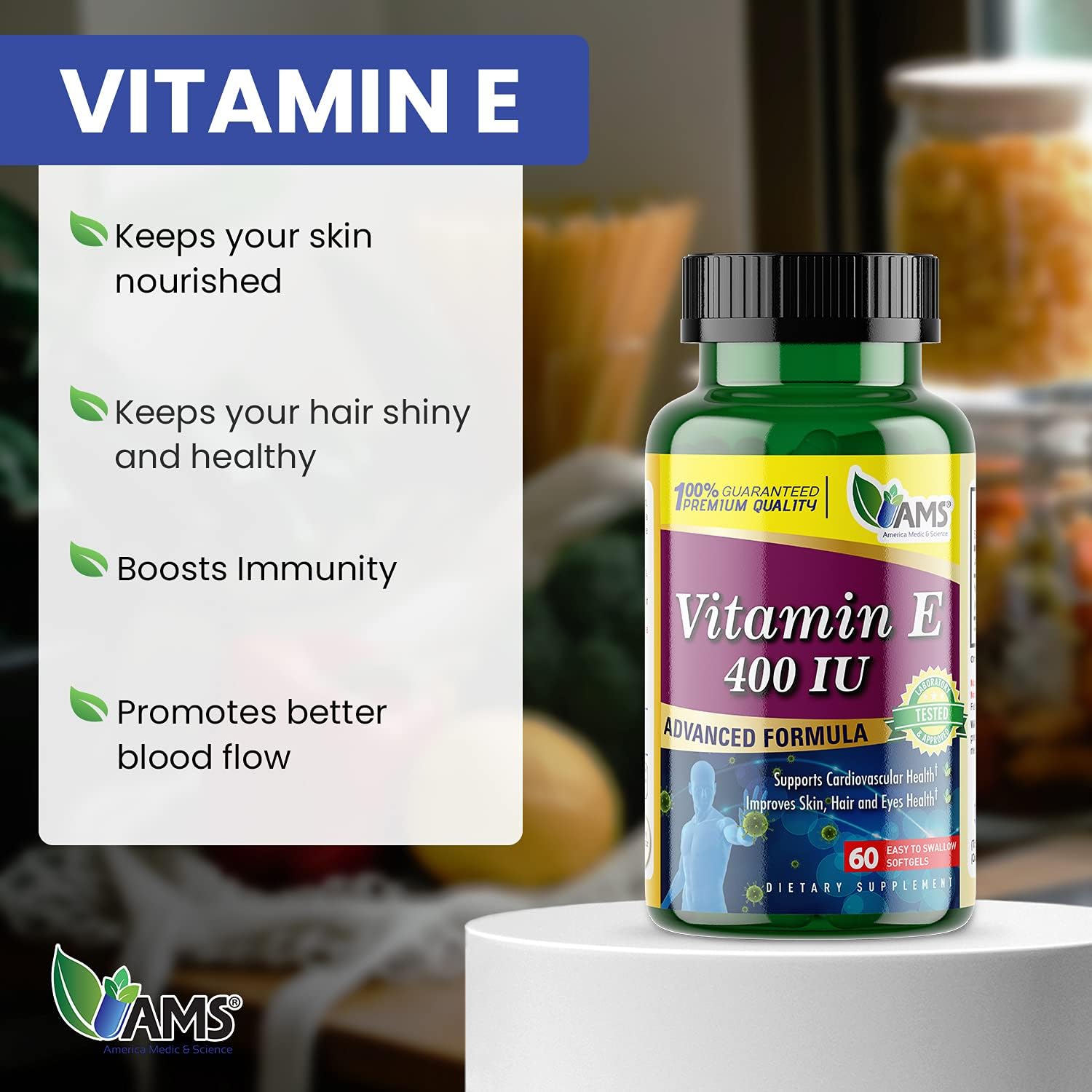 America Medic & Science Vitamin E 400 IU (60 Softgels) Food Supplement - görsel 2