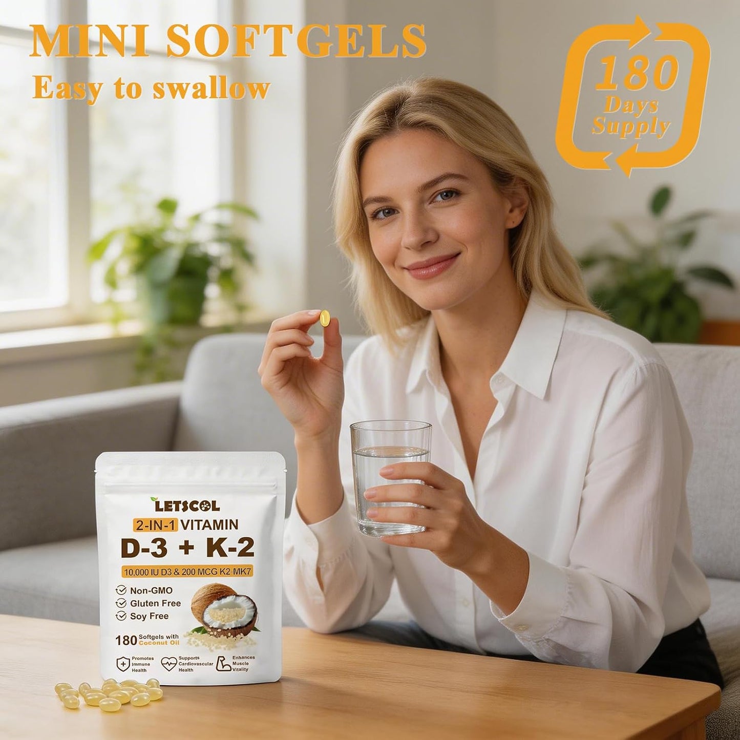 LETSCOL 2-in-1 Vitamin D3 K2 Soft gel capsules - 10000 IU D3 & 200 mcg K2 MK-7 - görsel 5