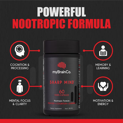 myBrainCo. Sharp Mind - Nootropic Food Supplement for Memory and Focus - 60 Vegetarian Capsules