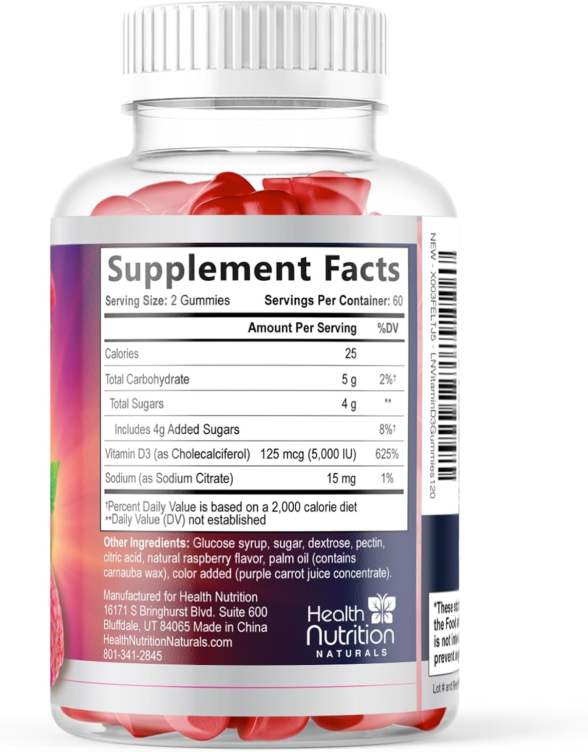 Health Nutrition Naturals Vitamin D3 Gummies 5000 IU – Contributes to Normal Immune Function and Bone Maintenance, Raspberry Flavoured, 120 Gummies - görsel 9