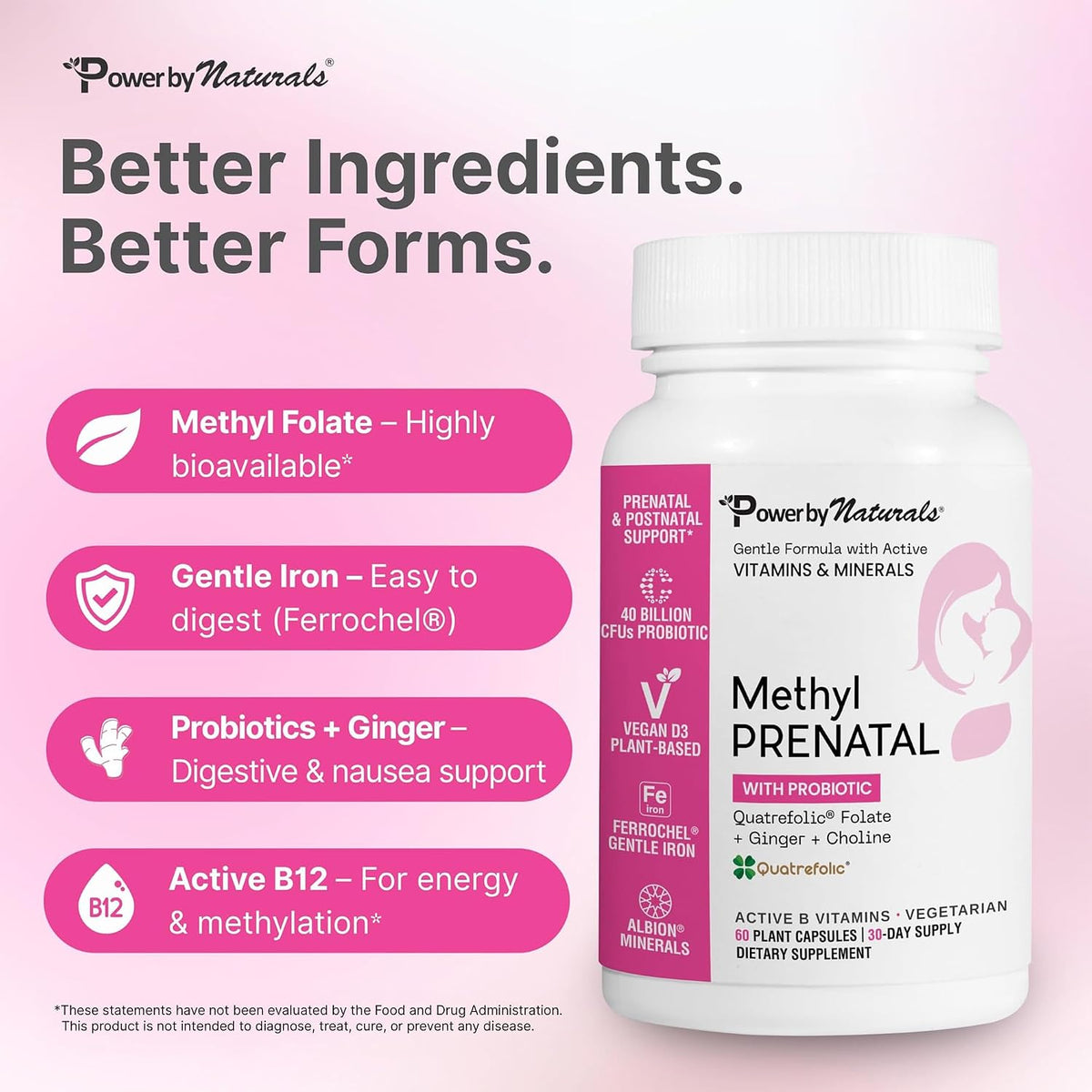 Power By Naturals Methyl Prenatal with Probiotics – Vegan Prenatal Vitamins with Iron, Methyl Folate & B12 – 60 Capsules - görsel 3