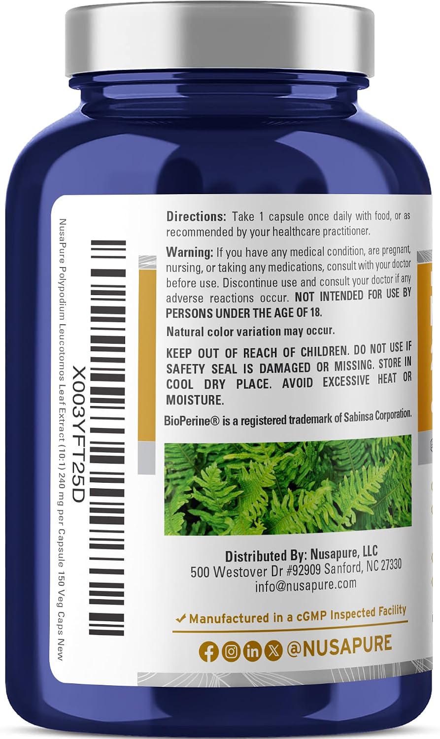 NusaPure Polypodium Nicotinamide Capsules, 240 mg, 150 Veg Capsules - görsel 2