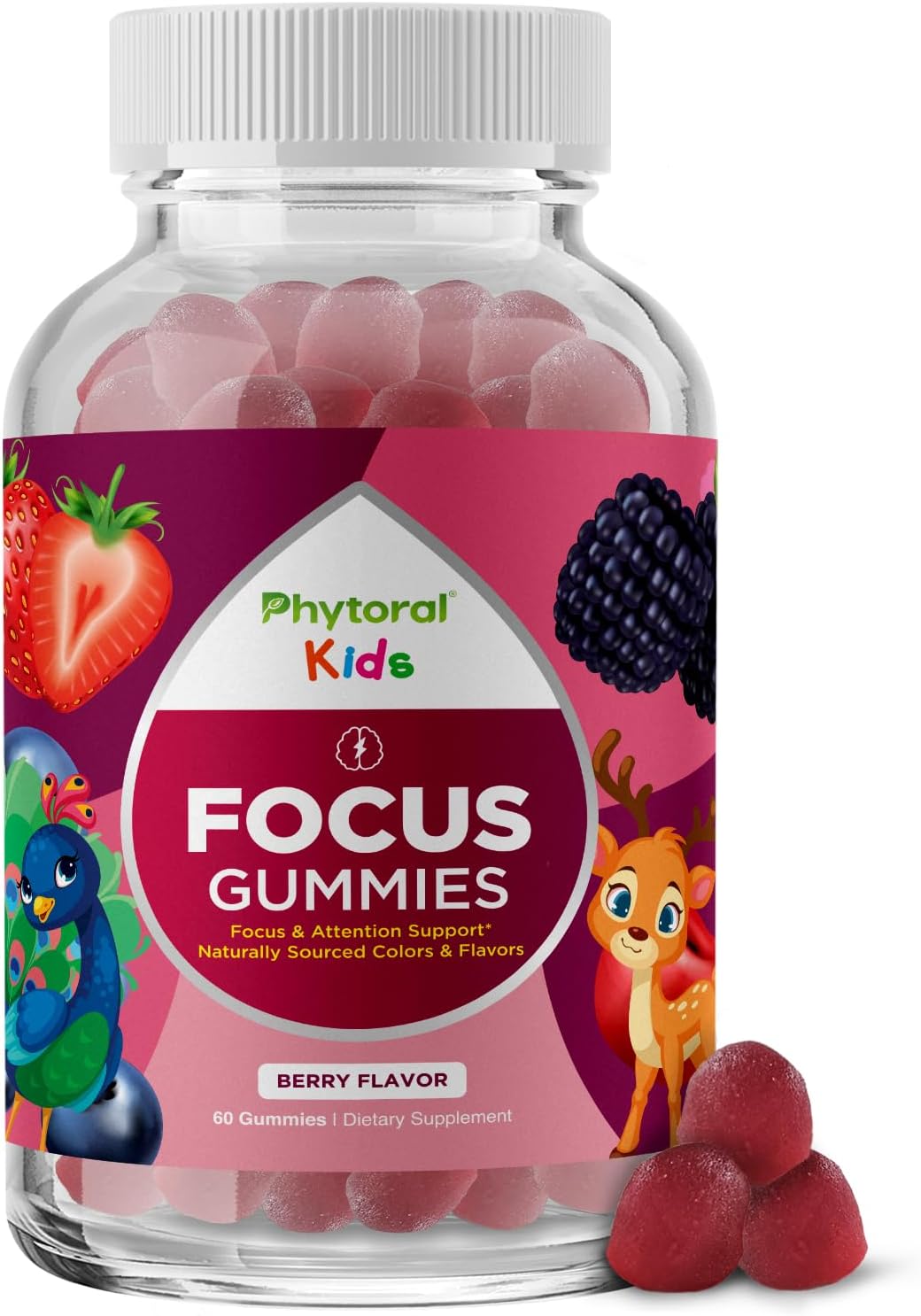 Phytoral Vegan Kids Focus Gummies - Potent Chewable Brain Support for Children - Enhances Concentration & Memory - Calming Supplements & Focus Gummies for Kids - Non-GMO & Gluten-free - 60 Count - görsel 1