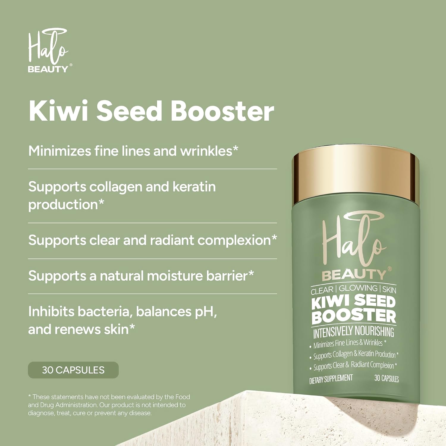 Halo Beauty Kiwi Seed Booster Skin Supplement Refill Pack | Anti-Ageing Hydration & Glowing Skin Support with Kiwi Seed, Vitamin C, D3 & Zinc | Vegan Collagen Support Capsules | 1-Month Supply - görsel 3