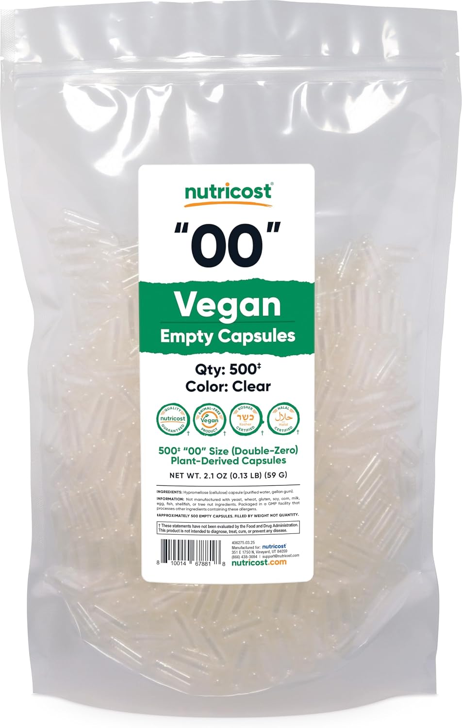 Nutricost Empty Capsules Size 00 Vegan - 500 Clear Empty Plant-Based Capsules - Kosher Certified, Halal Certified, Non-GMO, Soya Free, Gluten-free, Vegetarian - görsel 1