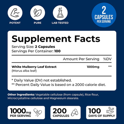 White Mulberry 1000mg 200 Vegan Capsules – White Mulberry Leaf Extract Supplement