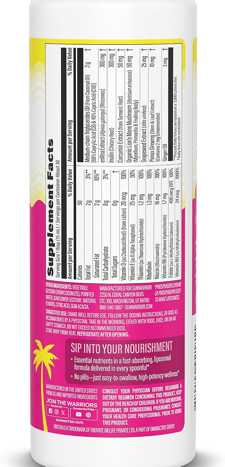 Sunwarrior Liquid Multivitamins for Women - Immune Support with B Vitamins D3 Lion's Mane Ginseng Curcumin MCT Oil - Peach Mango (30 Servings) - görsel 2