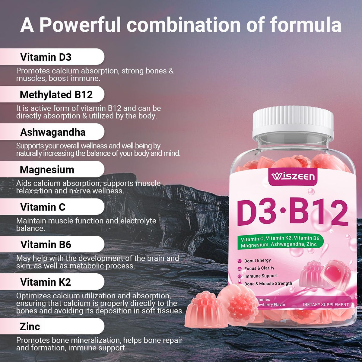 Wiszeen Vitamin D3 B12 Gummies, 10000 IU Vitamin D3 & 500mcg Methylated B12 for Adults, with Ashwagandha, Magnesium, Vitamin K2 for Immune and Energy Support - görsel 3