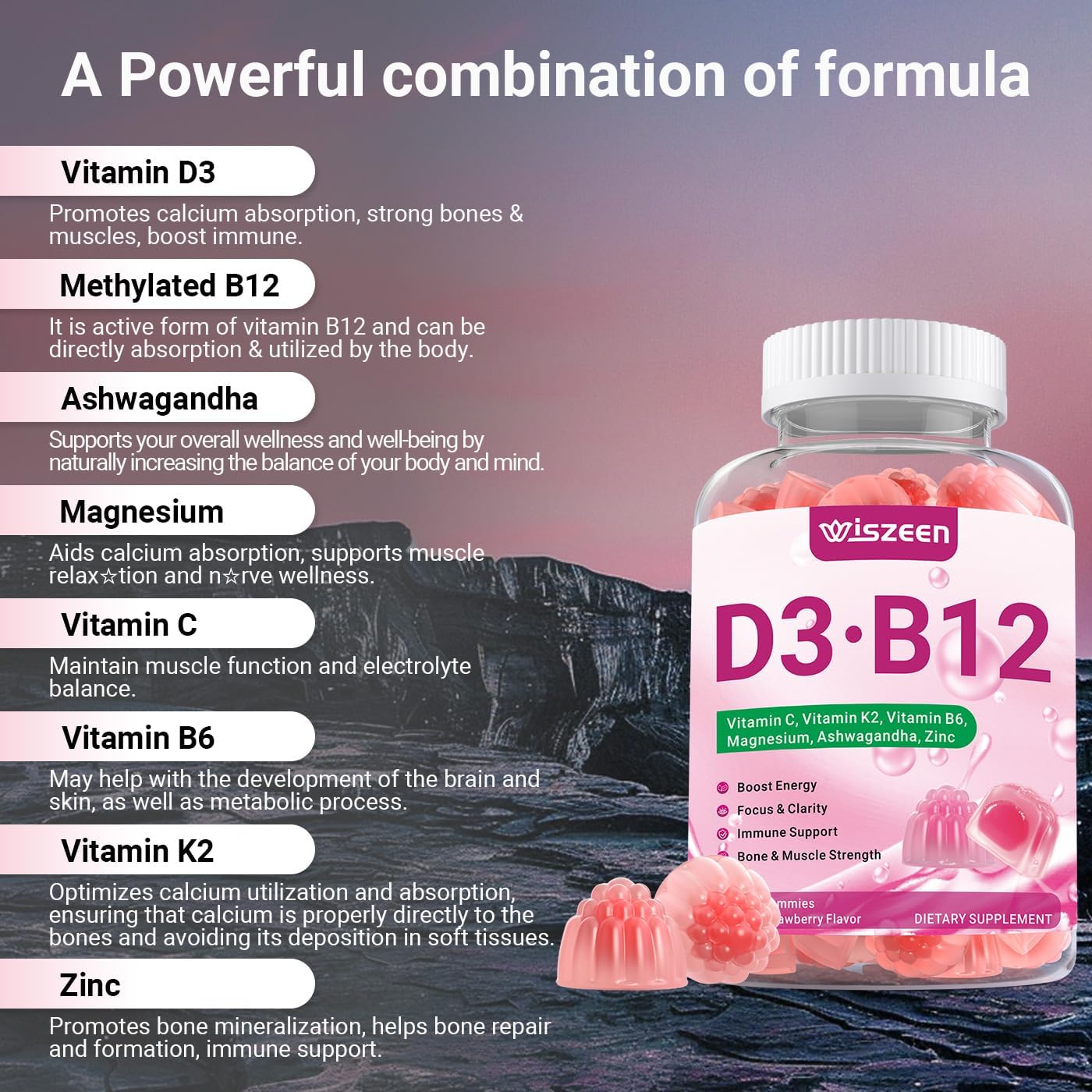 Wiszeen Vitamin D3 B12 Gummies, 10000 IU Vitamin D3 & 500mcg Methylated B12 for Adults, with Ashwagandha, Magnesium, Vitamin K2 for Immune and Energy Support - görsel 3