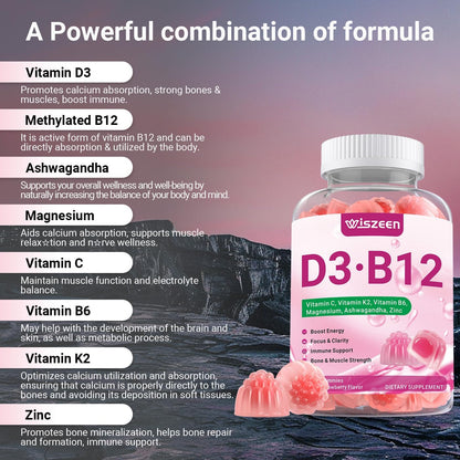 Wiszeen Vitamin D3 B12 Gummies, 10000 IU Vitamin D3 & 500mcg Methylated B12 for Adults, with Ashwagandha, Magnesium, Vitamin K2 for Immune and Energy Support