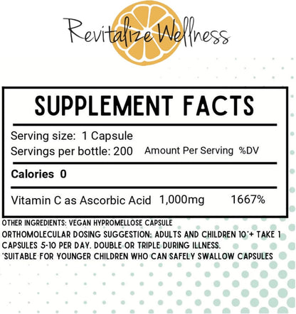 Revitalise Wellness Vitamin C 1000 mg Capsules – Pure, Non-GM, Maize Free – 200 Capsules