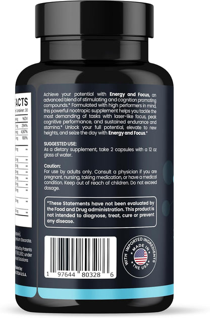 Energy and Focus – Extra Strength 200mg Caffeine and Lion's Mane Mushroom Supplement, 60 Capsules – with Alpha GPC, L-Theanine, L-Tyrosine to Support Brain Function and Concentration