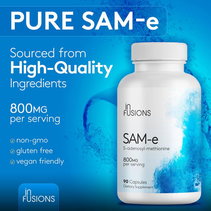 Infusions Pure SAM-e 800mg – 90 Vegetable Capsules (Extra-Strength, Gluten-free, Non-GMO)