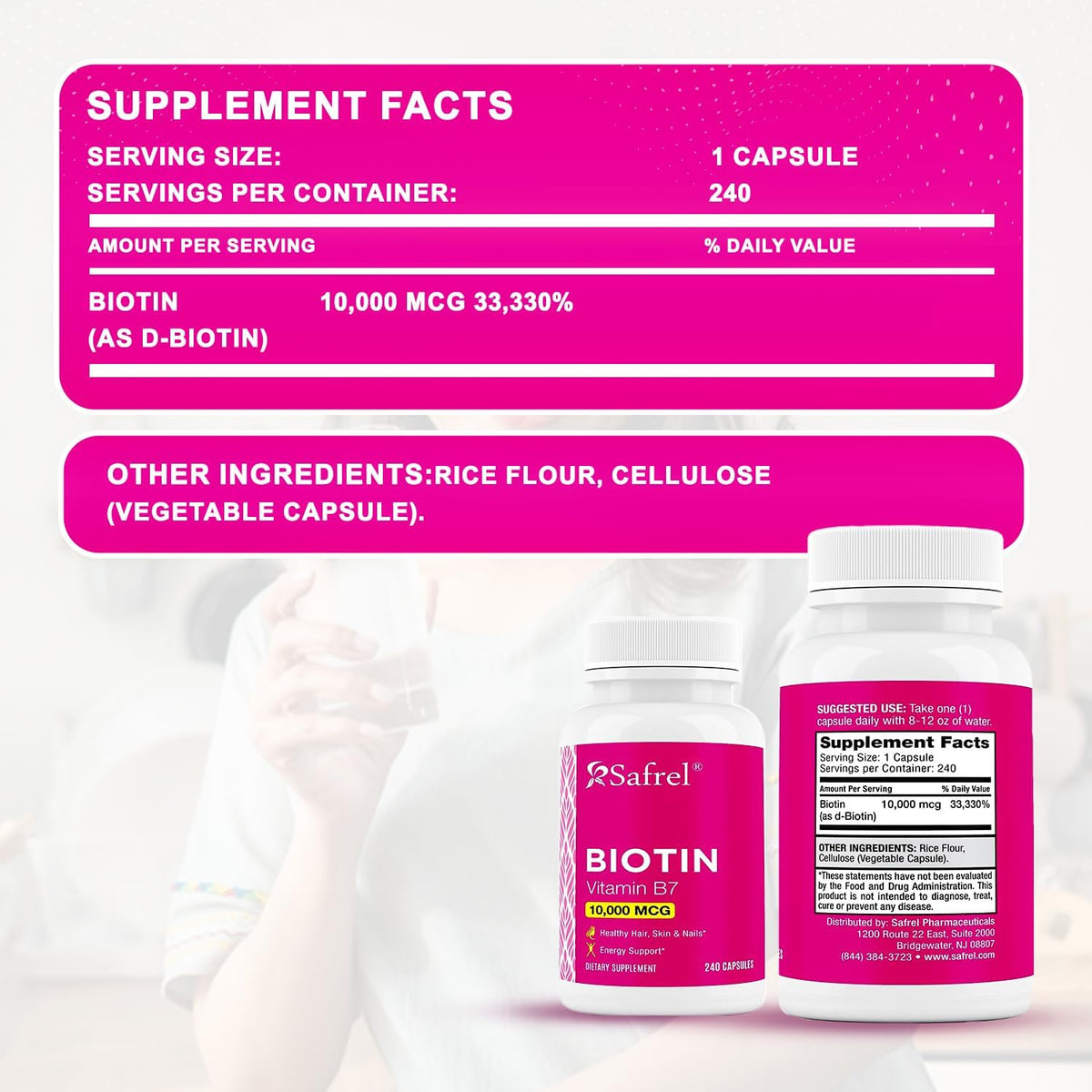 Safrel Biotin 10,000µg (10mg) Supplement, 240 Capsules – Vegetarian, Gluten-free, Non-GM - görsel 6