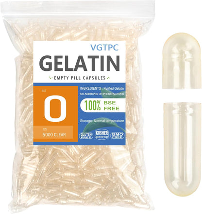 VGTPC Size 0 Pure Gelatin Empty Capsules - 5000 Count Separated Clear Capsules for DIY Supplements