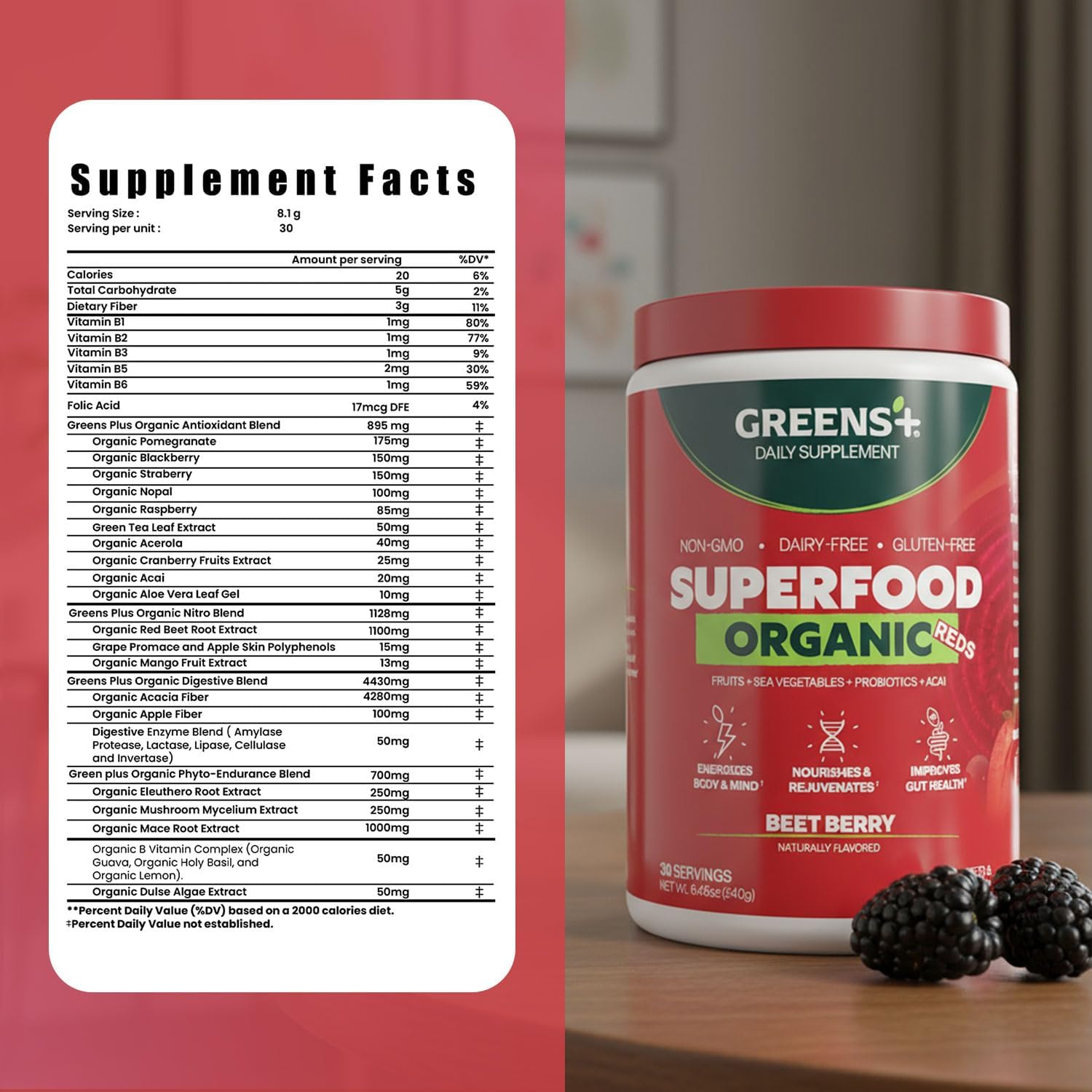 Greens+ Organic Reds Superfood Powder - Antioxidant Rich Superfood Blend (240g) - görsel 5