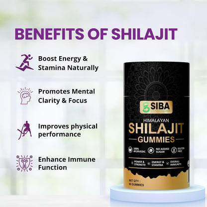SIBA Ultra Pure Himalayan Shilajit Gummies – 100% Natural Shilajit with Fulvic Acid – Energy, Stamina, Focus & Vitality Support – Vegan, Non-GM – 60 Count