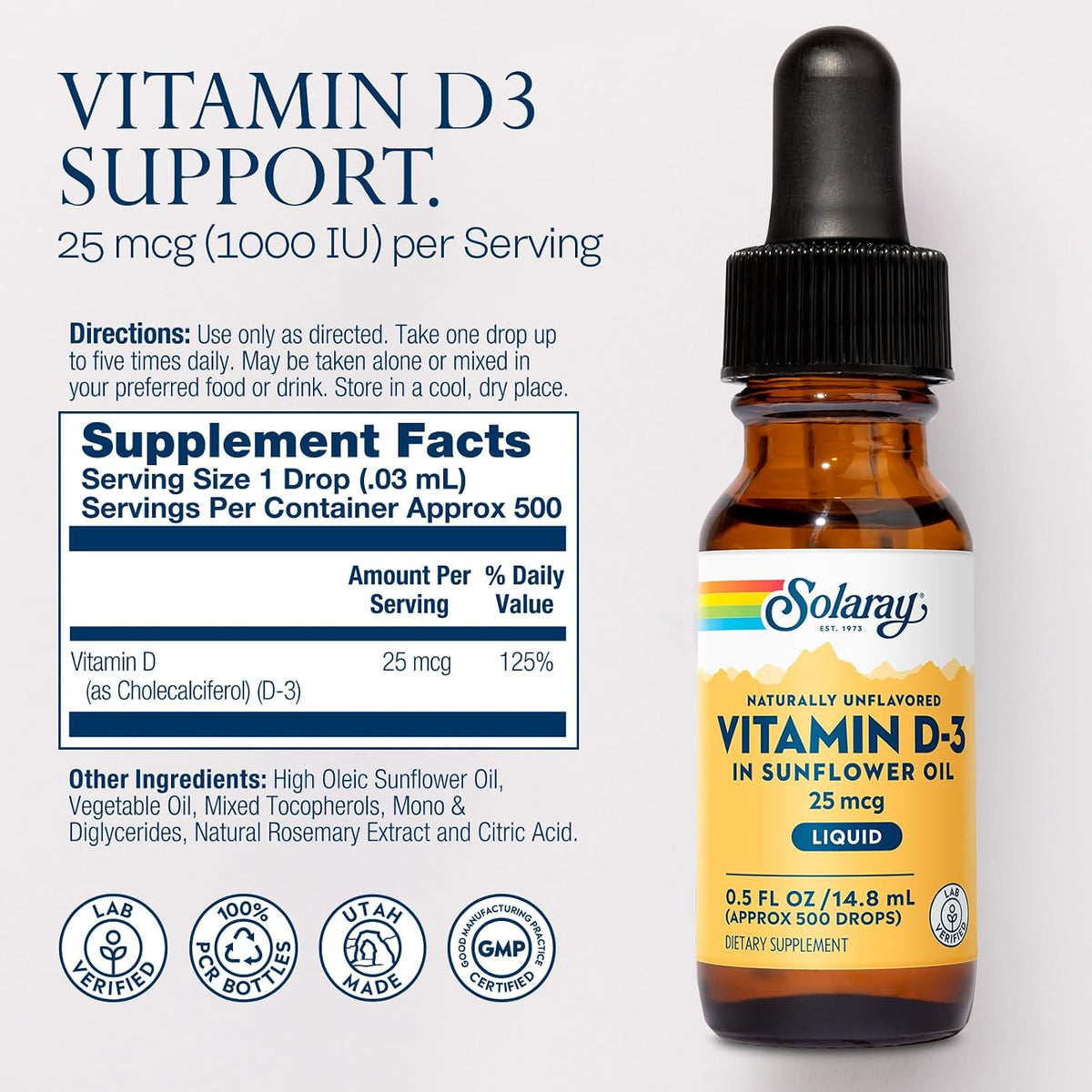 SOLARAY Vitamin D3 Liquid Drops – 25 mcg (1000 IU) – Enhanced Absorption, Naturally Unflavoured, 500 Servings, 15 ml - görsel 2