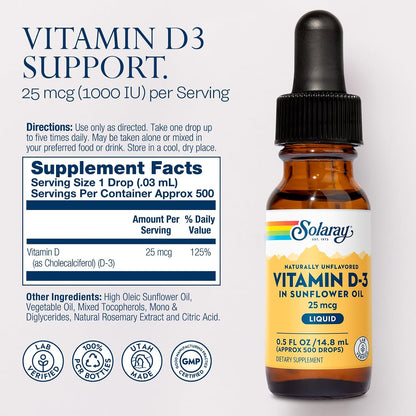 SOLARAY Vitamin D3 Liquid Drops – 25 mcg (1000 IU) – Enhanced Absorption, Naturally Unflavoured, 500 Servings, 15 ml