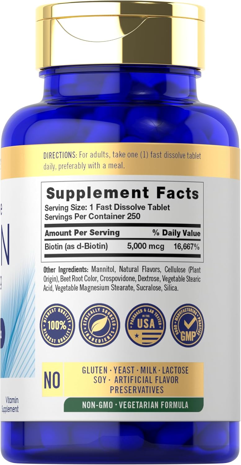 Carlyle Biotin 5000mcg Fast Dissolve Tablets, 250 Count – Vegetarian, Non-GMO, Gluten-free - görsel 2