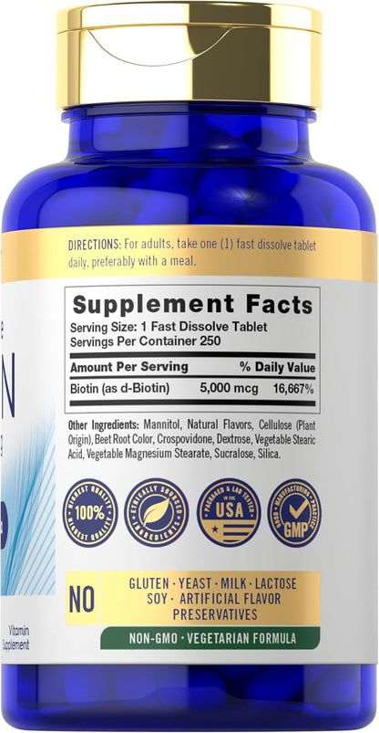 Carlyle Biotin 5000mcg Fast Dissolve Tablets, 250 Count – Vegetarian, Non-GMO, Gluten-free