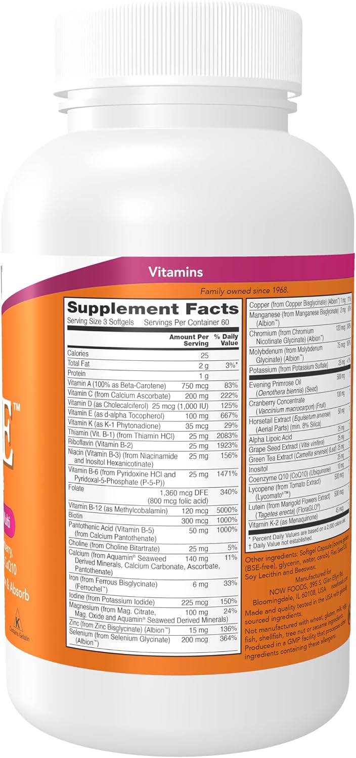 NOW Foods Eve Women's Multivitamin with Evening Primrose, Cranberry, Green Tea, Horsetail Silica & CoQ10, 180 Softgels - görsel 2