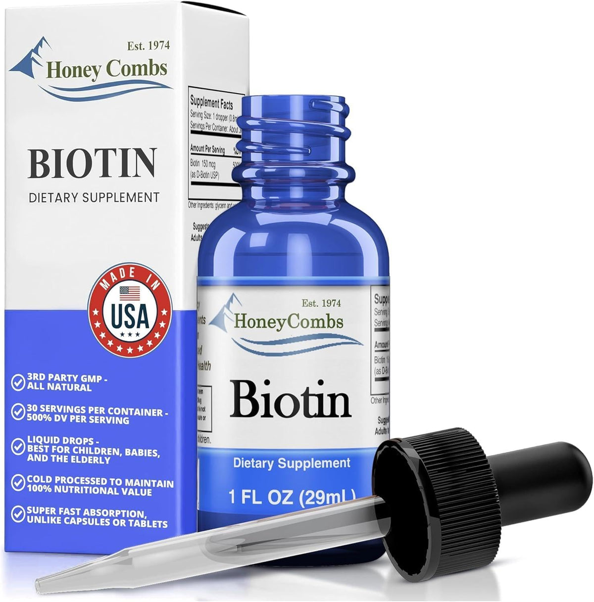HoneyCombs B7 Drops - 500% DV Biotin Liquid Food Supplement for Hair, Skin & Nails - görsel 1