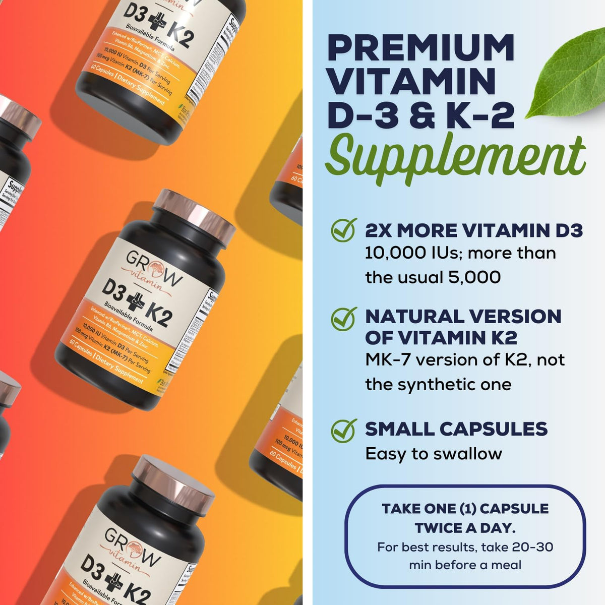 Vitamin D3 K2 with MCT Oil - 10,000 IU D3, 100 mcg K2 MK7, Calcium, Zinc, BioPerine, Magnesium - 60 Capsules - görsel 6