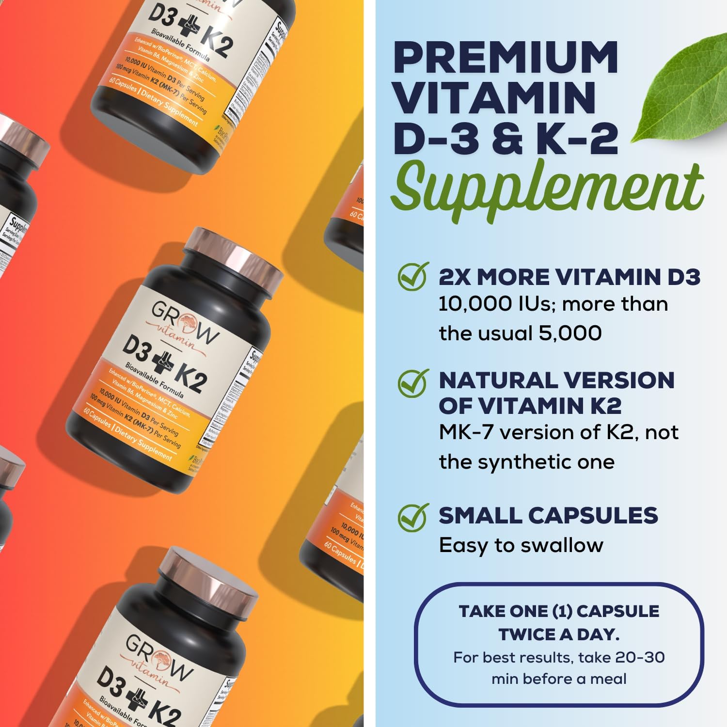 Vitamin D3 K2 with MCT Oil - 10,000 IU D3, 100 mcg K2 MK7, Calcium, Zinc, BioPerine, Magnesium - 60 Capsules - görsel 6