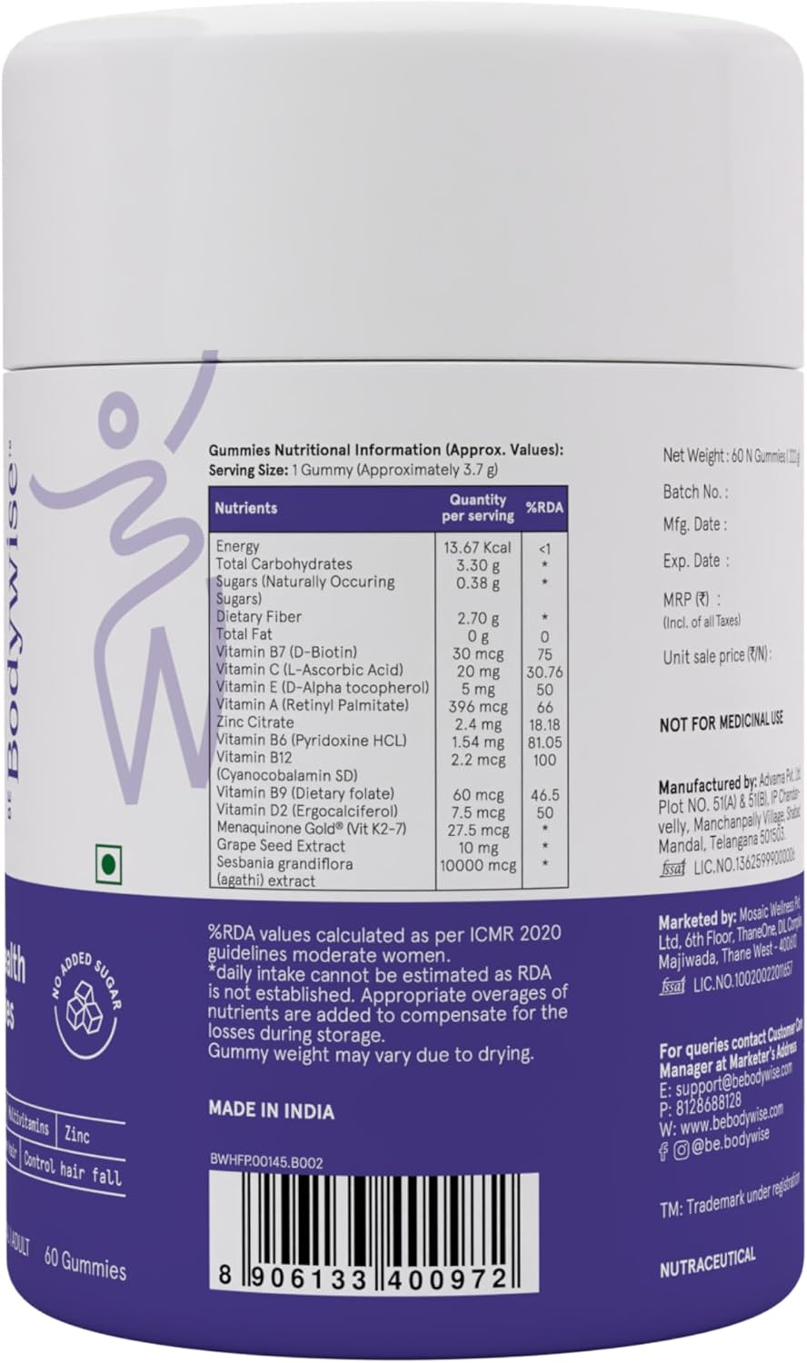 Be Bodywise Biotin Hair Gummies for Women - Sugar Free, Vegan, 60-Day Supply - görsel 7