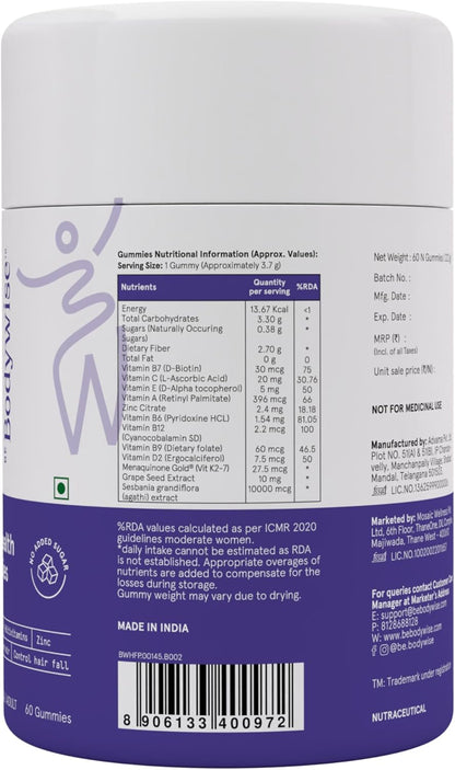 Be Bodywise Biotin Hair Gummies for Women - Sugar Free, Vegan, 60-Day Supply