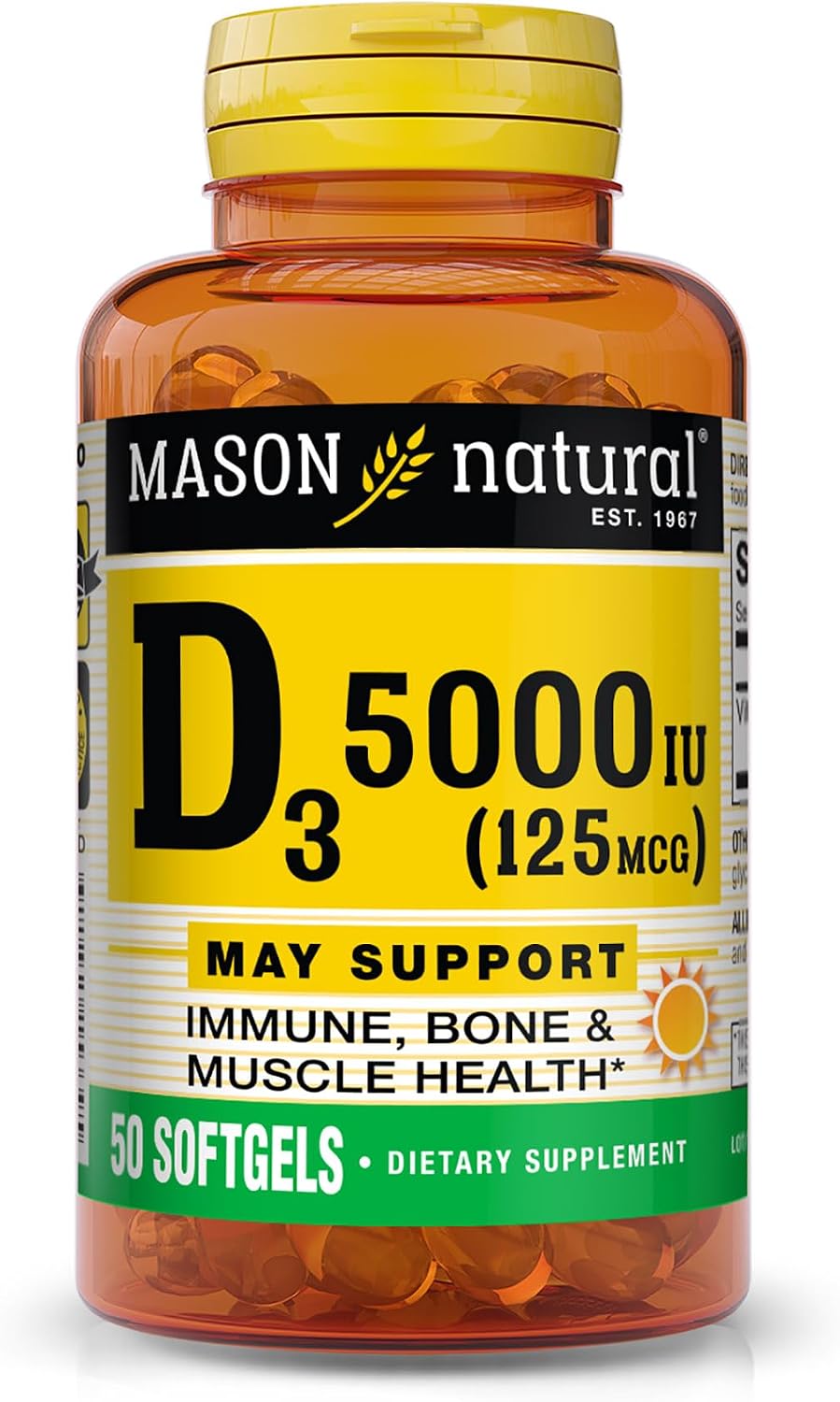 MASON NATURAL Vitamin D3 125 mcg (5000 IU) Softgels, 50 Count (Pack of 3) - görsel 1