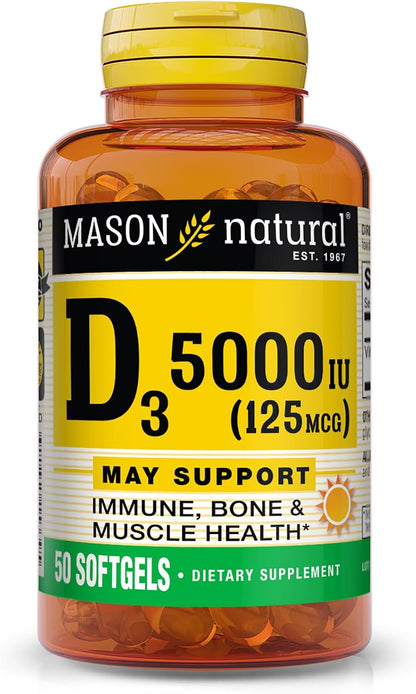 MASON NATURAL Vitamin D3 125 mcg (5000 IU) Softgels, 50 Count (Pack of 3)
