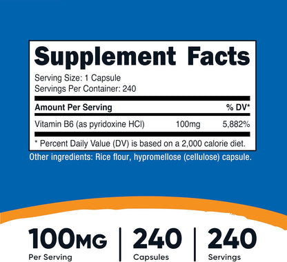 Nutricost Vitamin B6 (Pyridoxine HCl) 100 mg, 240 Capsules