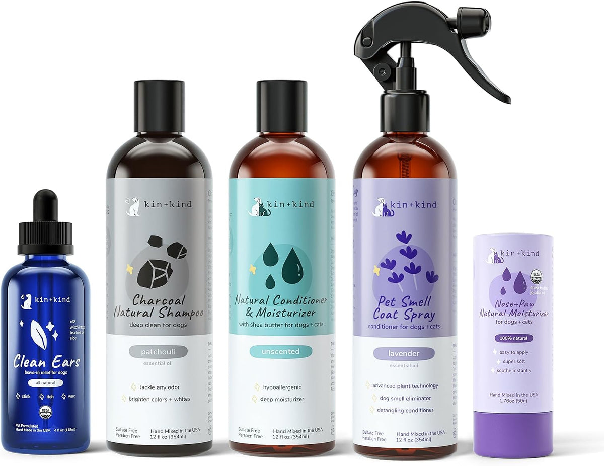 kin+kind Cat and Dog Grooming Supplies Bundle – Dog Spray, Paw Balm and Ear Cleaner, Dog Shampoo and Conditioner – Natural Care Kit to Clean, Soothe, and Nourish Your Pet’s Coat, Paws, and Ears - görsel 1