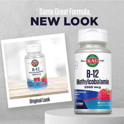 KAL Vitamin B12 Methylcobalamin 5000mcg ActivMelts - Fast Dissolve, Natural Raspberry Flavour, 90 Micro Tabs